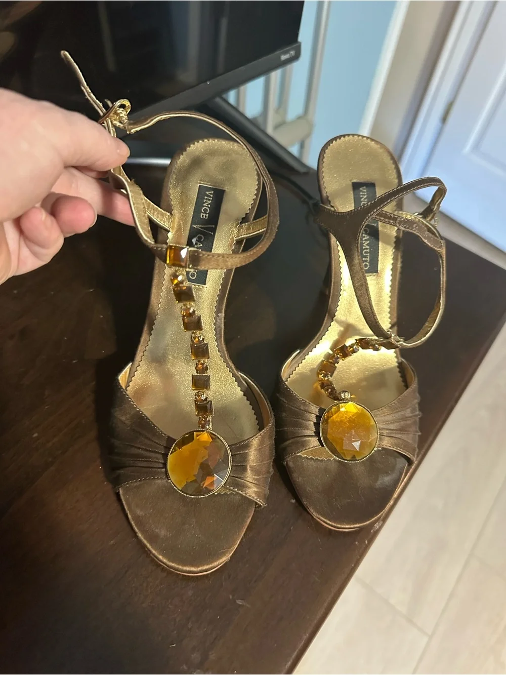 Vince Camuto Brown Satin T-Strap Heels with Amber Gem Detail